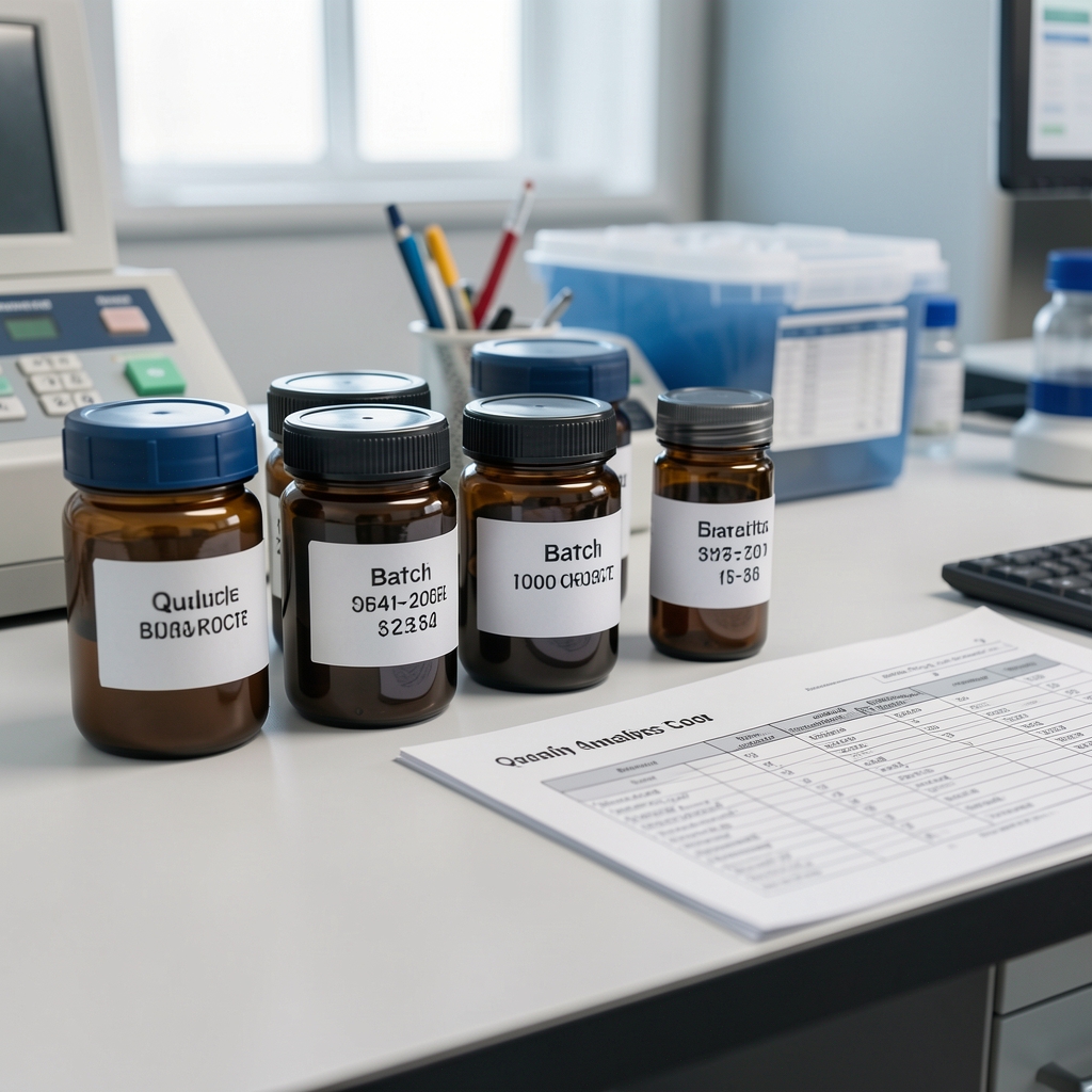 Close-up of quality-control bench with labelled containers, batch codes and analysis worksheets in a clean workspace
